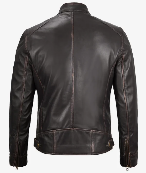 Men's Real Leather Vintage Brown Cafe Racer Jacket - Image 5