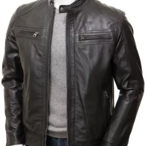 Black Leather Double Pockets Biker Jacket Men’s