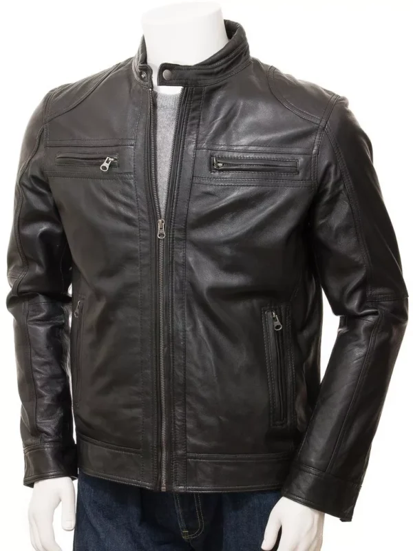 Black Leather Double Pockets Biker Jacket Men’s - Image 2