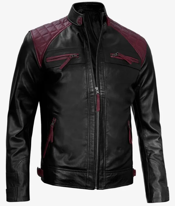 Men's Black and Maroon Biker Leather Jacket - Image 3