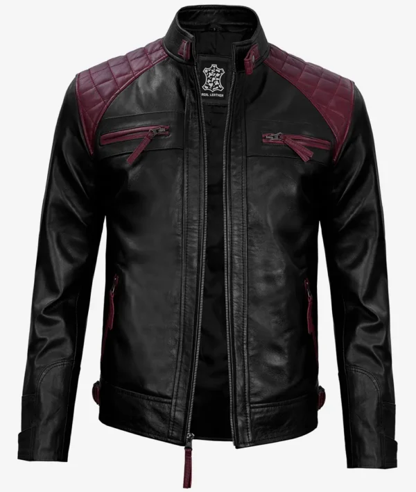 Men's Black and Maroon Biker Leather Jacket - Image 4