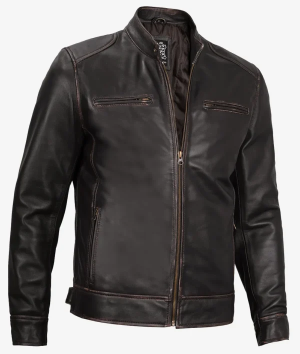 Men's Real Leather Vintage Brown Cafe Racer Jacket - Image 2