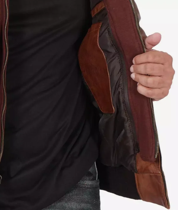 Mens Brown Leather Bomber Jacket With Removable Hood - Image 3
