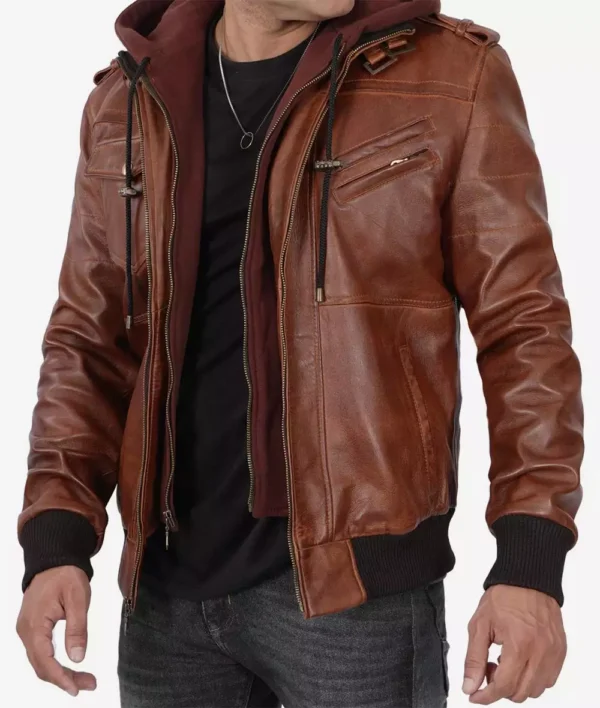 Mens Brown Leather Bomber Jacket With Removable Hood - Image 4
