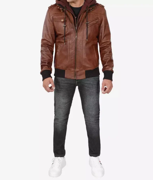 Mens Brown Leather Bomber Jacket With Removable Hood - Image 5