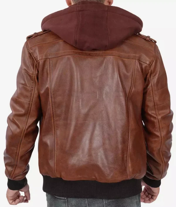 Mens Brown Leather Bomber Jacket With Removable Hood - Image 8