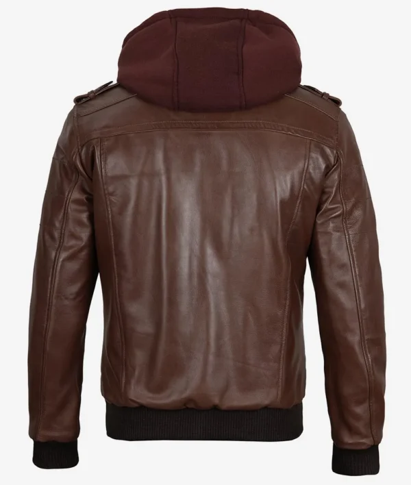 Mens Real Leather Dark Brown Bomber Jacket With Removable Hood - Image 6