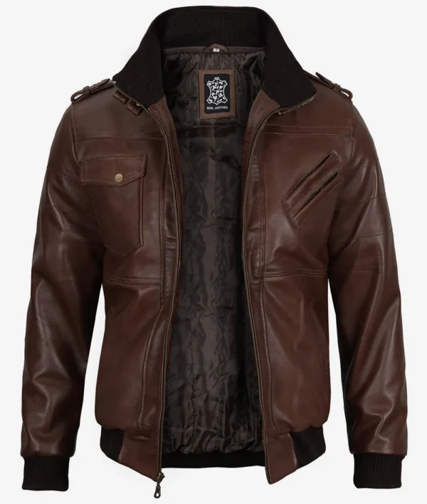 Mens Real Leather Dark Brown Bomber Jacket With Removable Hood - Image 3