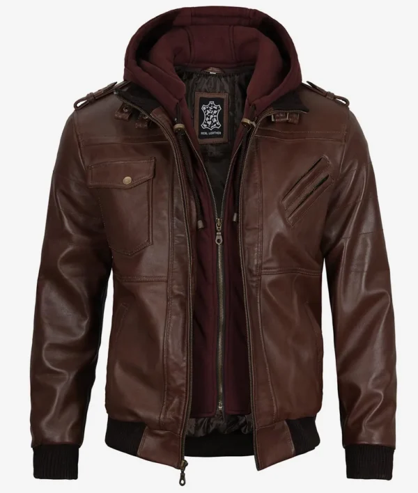 Mens Real Leather Dark Brown Bomber Jacket With Removable Hood - Image 4