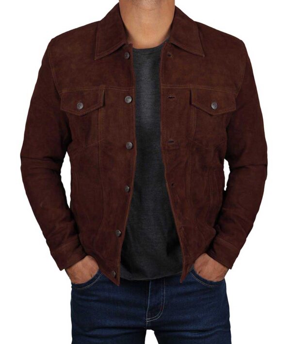 Dark Brown Trucker Suede Jacket for Men - Image 2