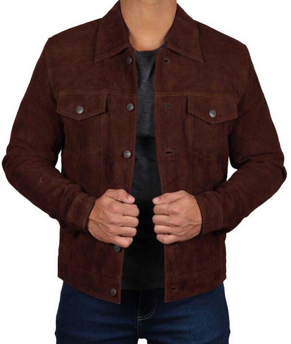 Dark Brown Trucker Suede Jacket for Men - Image 3