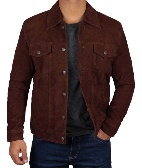 Dark Brown Trucker Suede Jacket for Men - Image 4