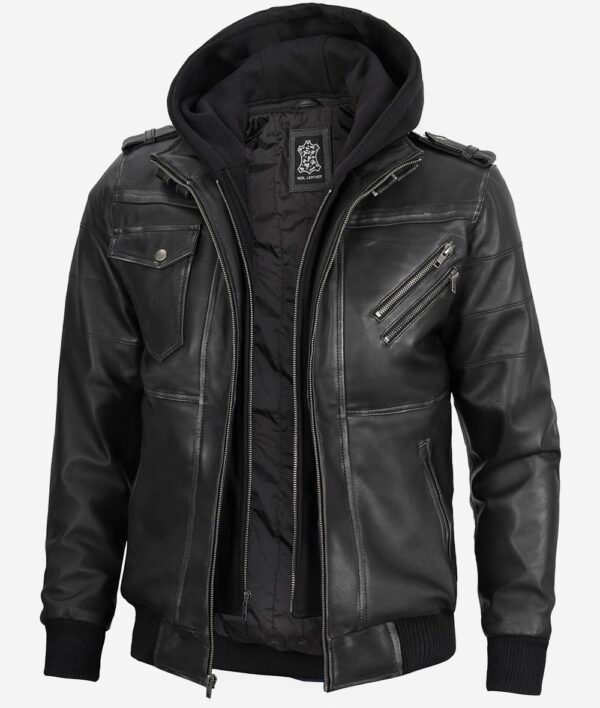 Edinburgh Men's Grey Leather Bomber Jacket With Removable Hood - Image 4