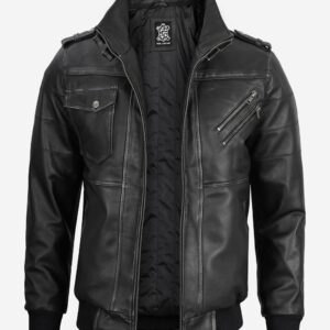 Edinburgh Men's Grey Leather Bomber Jacket With Removable Hood