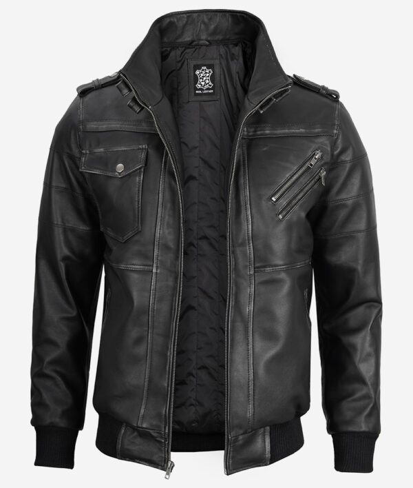 Edinburgh Men's Grey Leather Bomber Jacket With Removable Hood