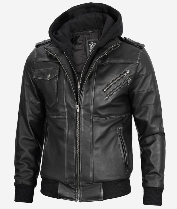 Edinburgh Men's Grey Leather Bomber Jacket With Removable Hood - Image 2