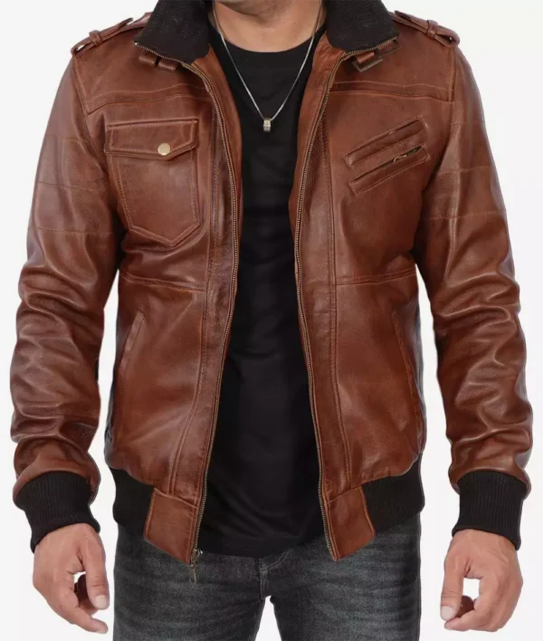 Mens Brown Leather Bomber Jacket With Removable Hood - Image 7