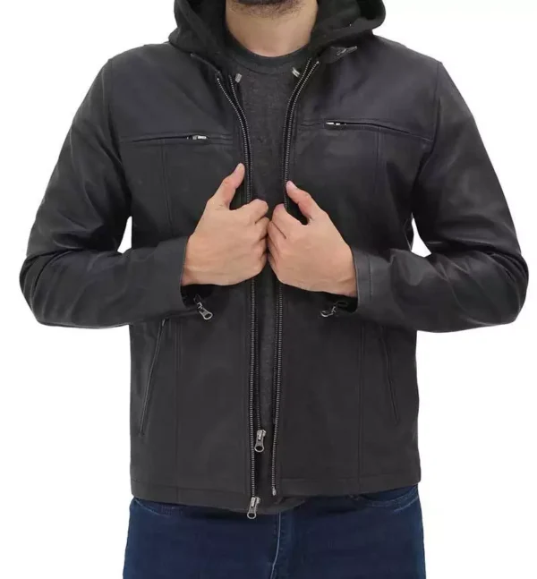 Men's Cafe Racer Black Leather Jacket with Removable Hood - Image 3