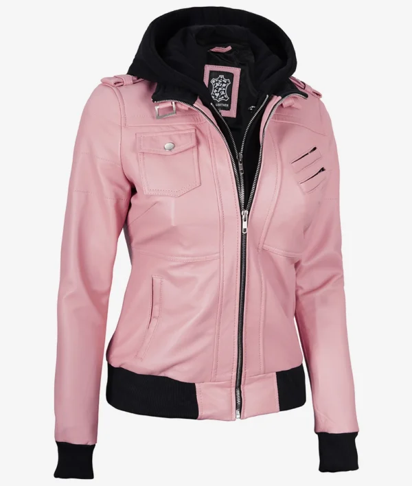 Womens Pink Hooded Bomber Leather Jacket - Image 2