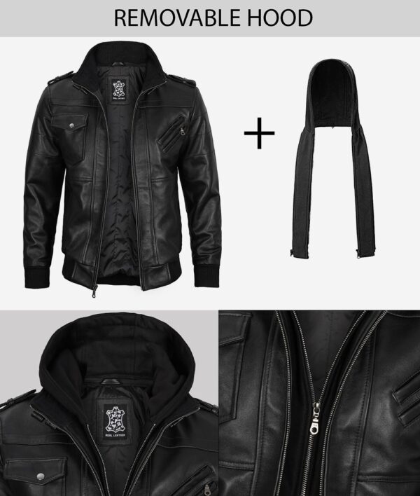 Mens Black Real Leather Bomber Jacket with Removable Hood - Image 5