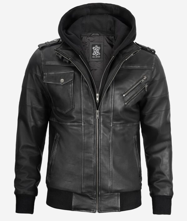 Edinburgh Men's Grey Leather Bomber Jacket With Removable Hood - Image 3