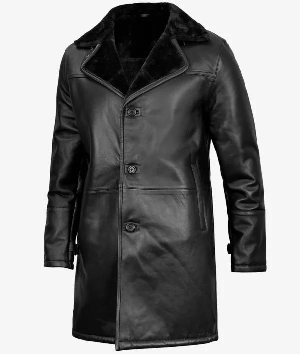 Black Three Quarter Shearling Leather Coat for Men - Image 2