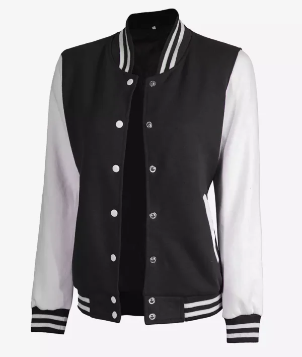 Women's White and Black Baseball-Style Varsity Letterman Jacket - Image 2