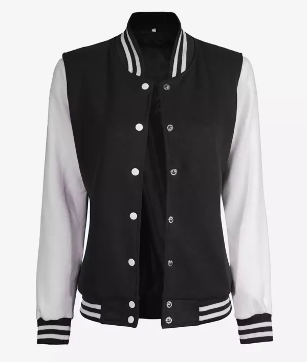 Women's White and Black Baseball-Style Varsity Letterman Jacket - Image 3