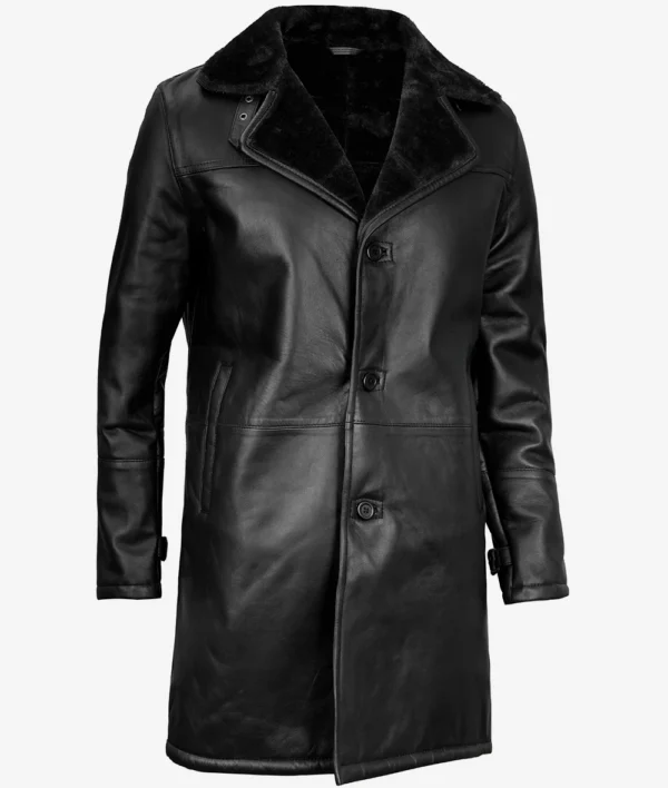 Black Three Quarter Shearling Leather Coat for Men - Image 4