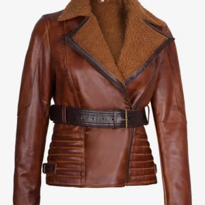 Womens Brown Moto Sherpa Leather Jacket