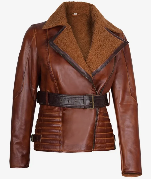 Womens Brown Moto Sherpa Leather Jacket