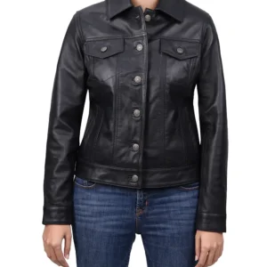 Women's Black Lambskin Leather Four-Pocket Trucker Jacket