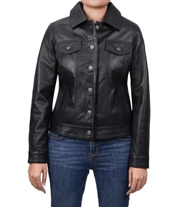 Women's Black Lambskin Leather Four-Pocket Trucker Jacket