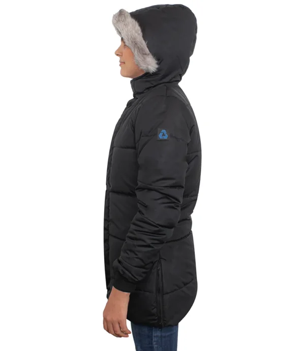 Ella Black Women's Long Parka Puffer Jacket with Faux Fur Trim Hood - Image 2