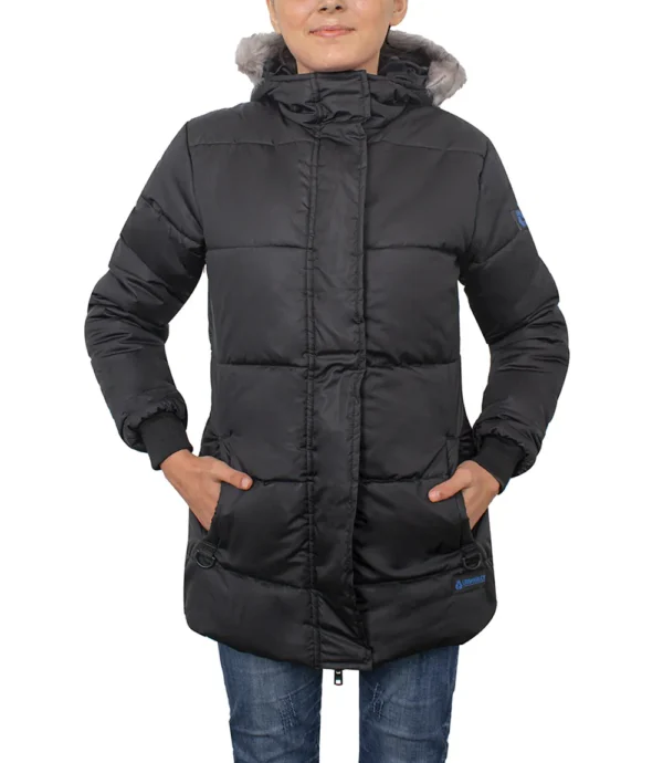 Ella Black Women's Long Parka Puffer Jacket with Faux Fur Trim Hood