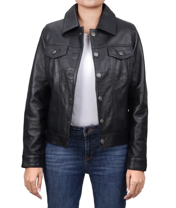 Women's Black Lambskin Leather Four-Pocket Trucker Jacket - Image 5