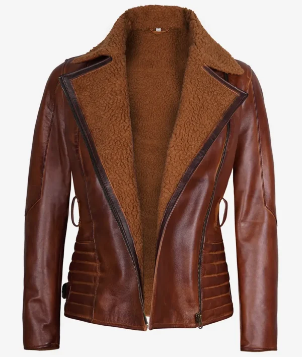Womens Brown Moto Sherpa Leather Jacket - Image 3