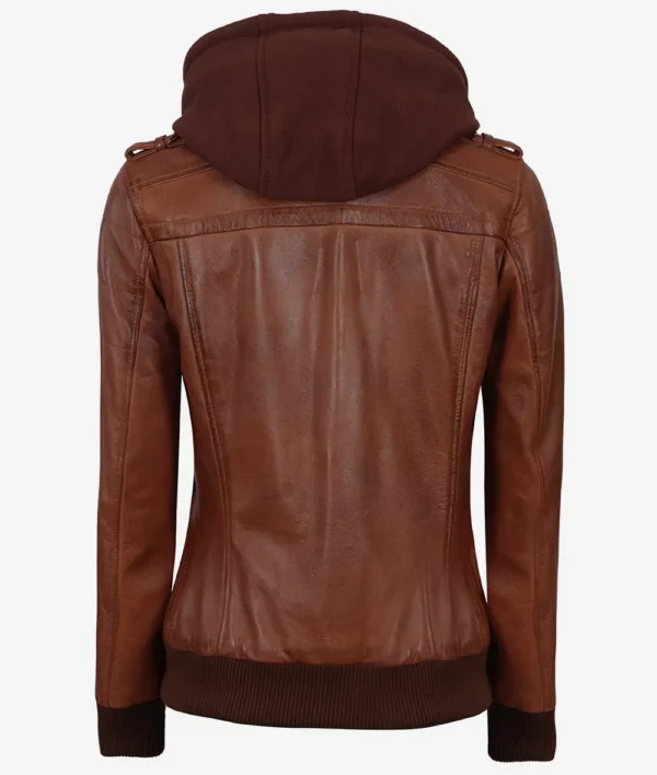 Womens Cognac Leather Bomber Jacket With Removable Hood - Image 7