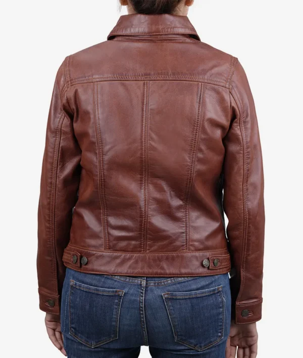 Womens Cognac Brown Trucker Leather Jacket - Image 7