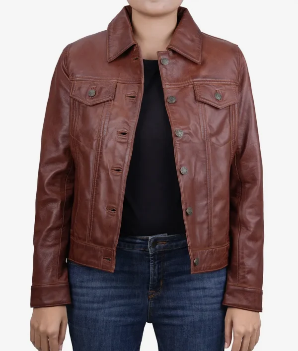 Womens Cognac Brown Trucker Leather Jacket - Image 2