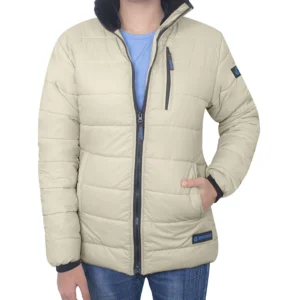 Womens Cream Puffer Jacket with Fur Collar