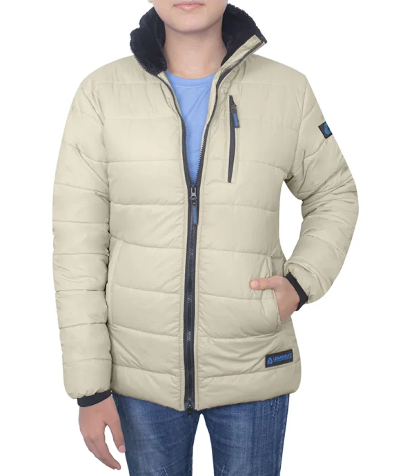 Womens Cream Puffer Jacket with Fur Collar