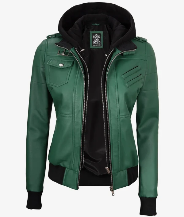 Womens Green Hooded Bomber Leather Jacket - Image 4