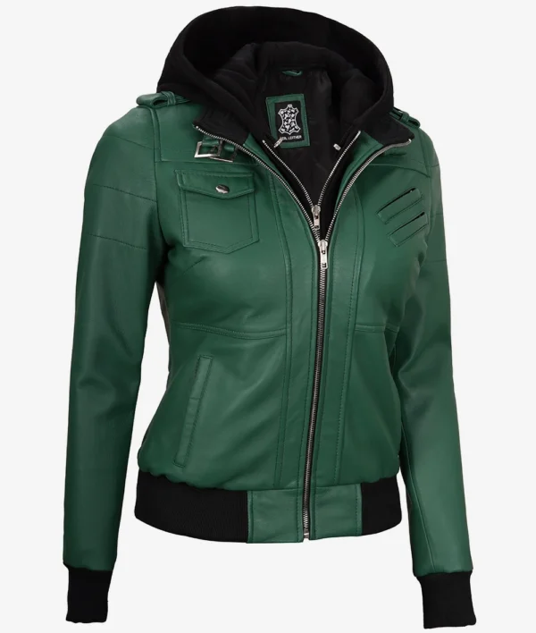 Womens Green Hooded Bomber Leather Jacket - Image 3