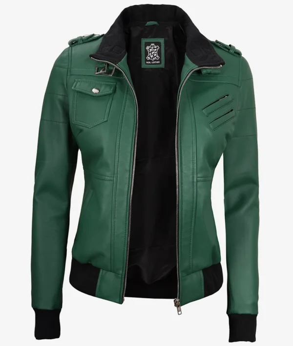Womens Green Hooded Bomber Leather Jacket - Image 2