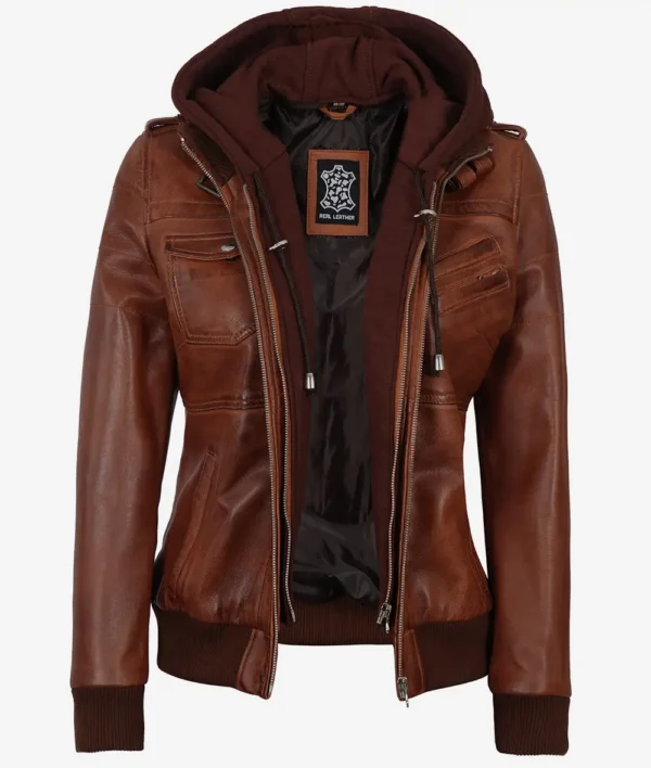 Womens Cognac Leather Bomber Jacket With Removable Hood - Image 2