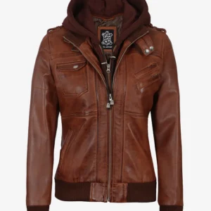 Womens Cognac Leather Bomber Jacket With Removable Hood