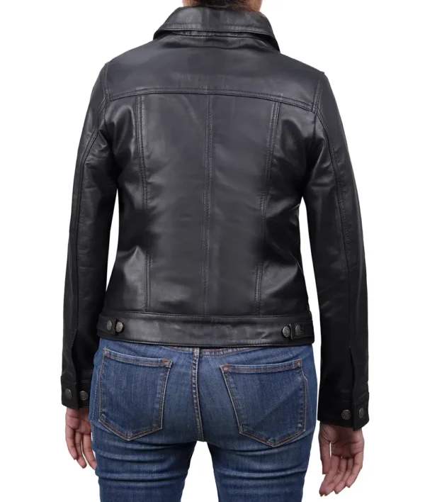 Women's Black Lambskin Leather Four-Pocket Trucker Jacket - Image 6