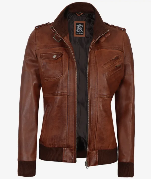 Womens Cognac Leather Bomber Jacket With Removable Hood - Image 3