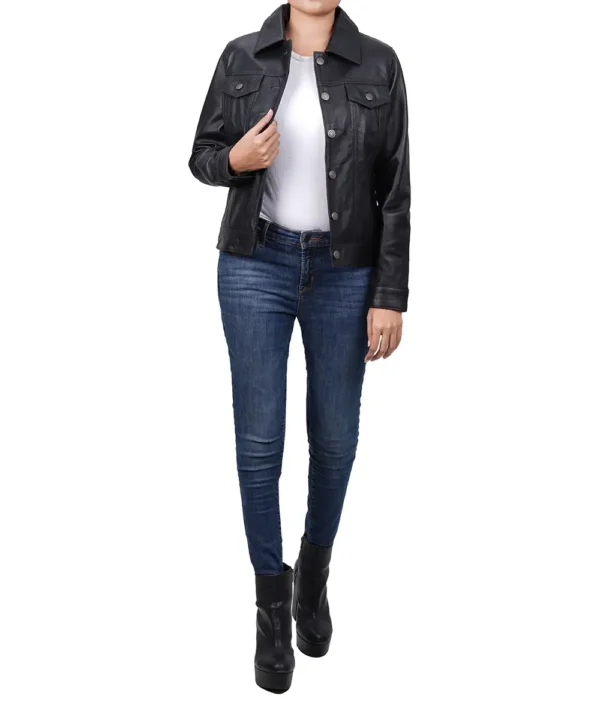 Women's Black Lambskin Leather Four-Pocket Trucker Jacket - Image 4